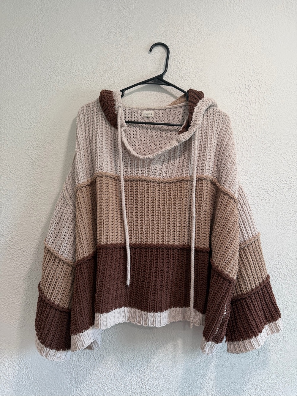 POL Colorblock Chunky Knit Hoodie - Cream/Tan/Brown